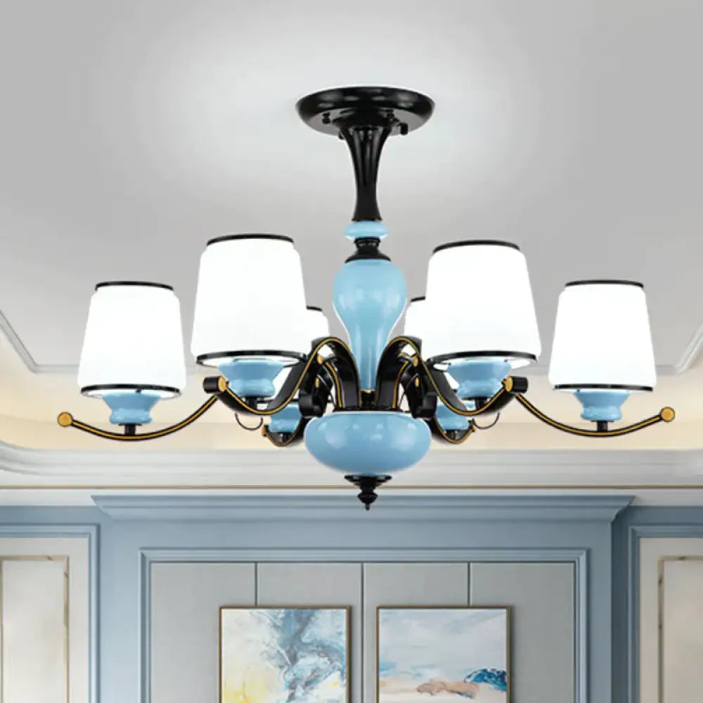 Milky Glass Empire Shade Suspension Pendant Light Countryside Style 3/6/8 - Head Living Room