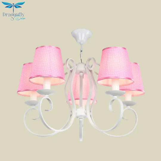 Minimalism Barrel Ceiling Chandelier Fabric 5 Lights Bedroom Hanging Light Fixture In Pink