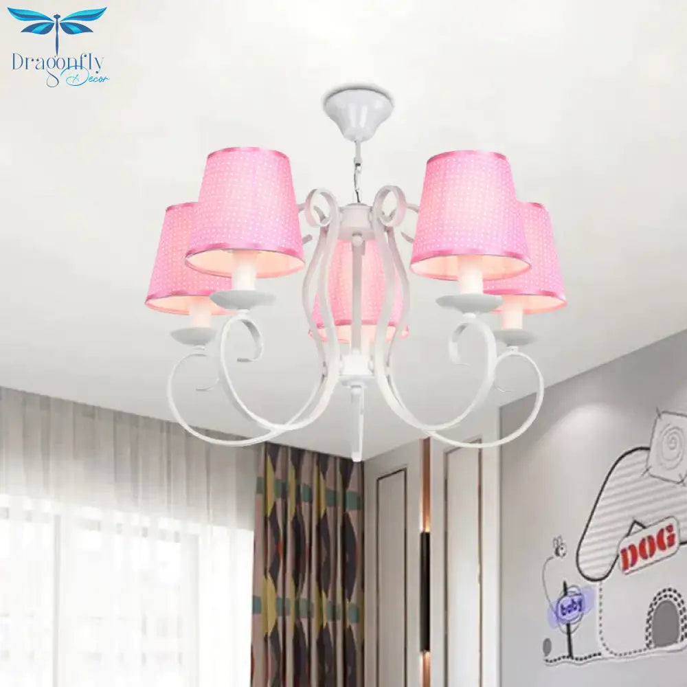 Minimalism Barrel Ceiling Chandelier Fabric 5 Lights Bedroom Hanging Light Fixture In Pink
