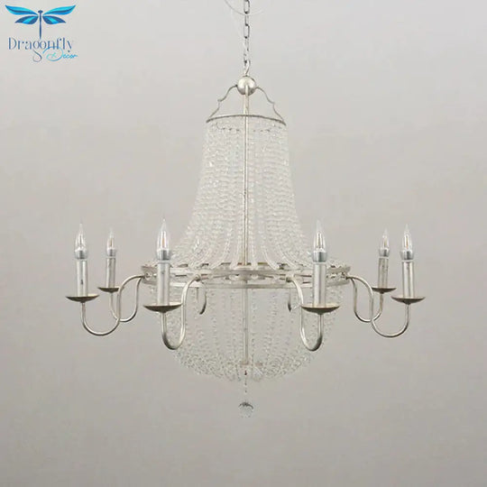 Minimalism Beaded Hanging Chandelier 6 Lights Crystal Pendant Lamp In Silver For Living Room