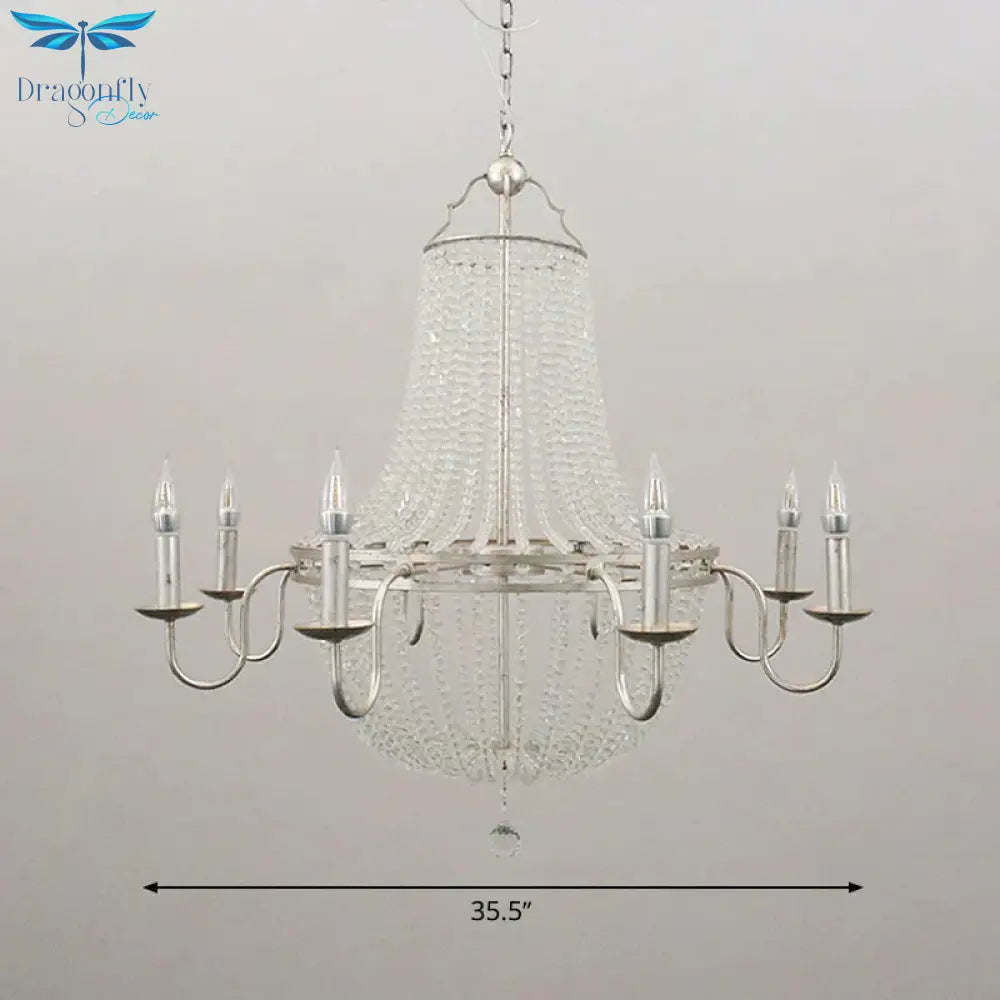Minimalism Beaded Hanging Chandelier 6 Lights Crystal Pendant Lamp In Silver For Living Room