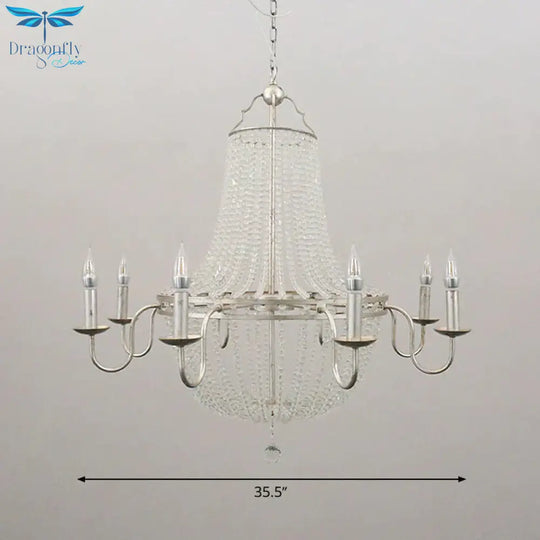 Minimalism Beaded Hanging Chandelier 6 Lights Crystal Pendant Lamp In Silver For Living Room