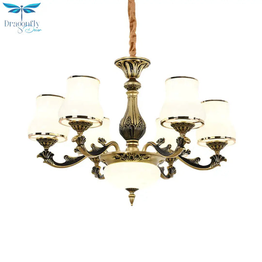 Minimalism Trumpet Pendant Light 3/6 Bulbs Milky Glass Hanging Chandelier With Curvy Arm In Black -