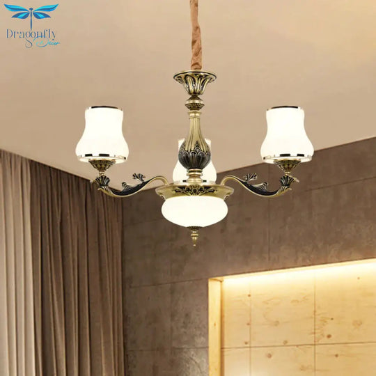 Minimalism Trumpet Pendant Light 3/6 Bulbs Milky Glass Hanging Chandelier With Curvy Arm In Black -