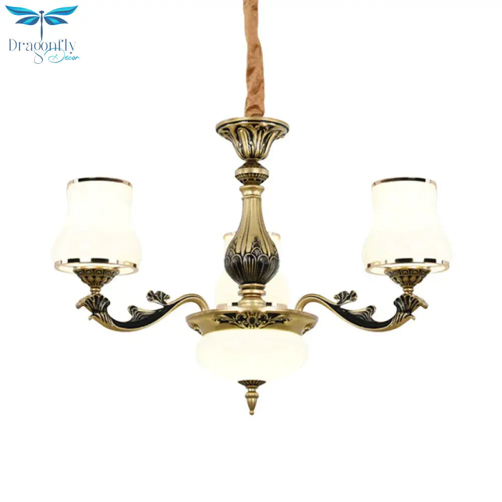 Minimalism Trumpet Pendant Light 3/6 Bulbs Milky Glass Hanging Chandelier With Curvy Arm In Black -