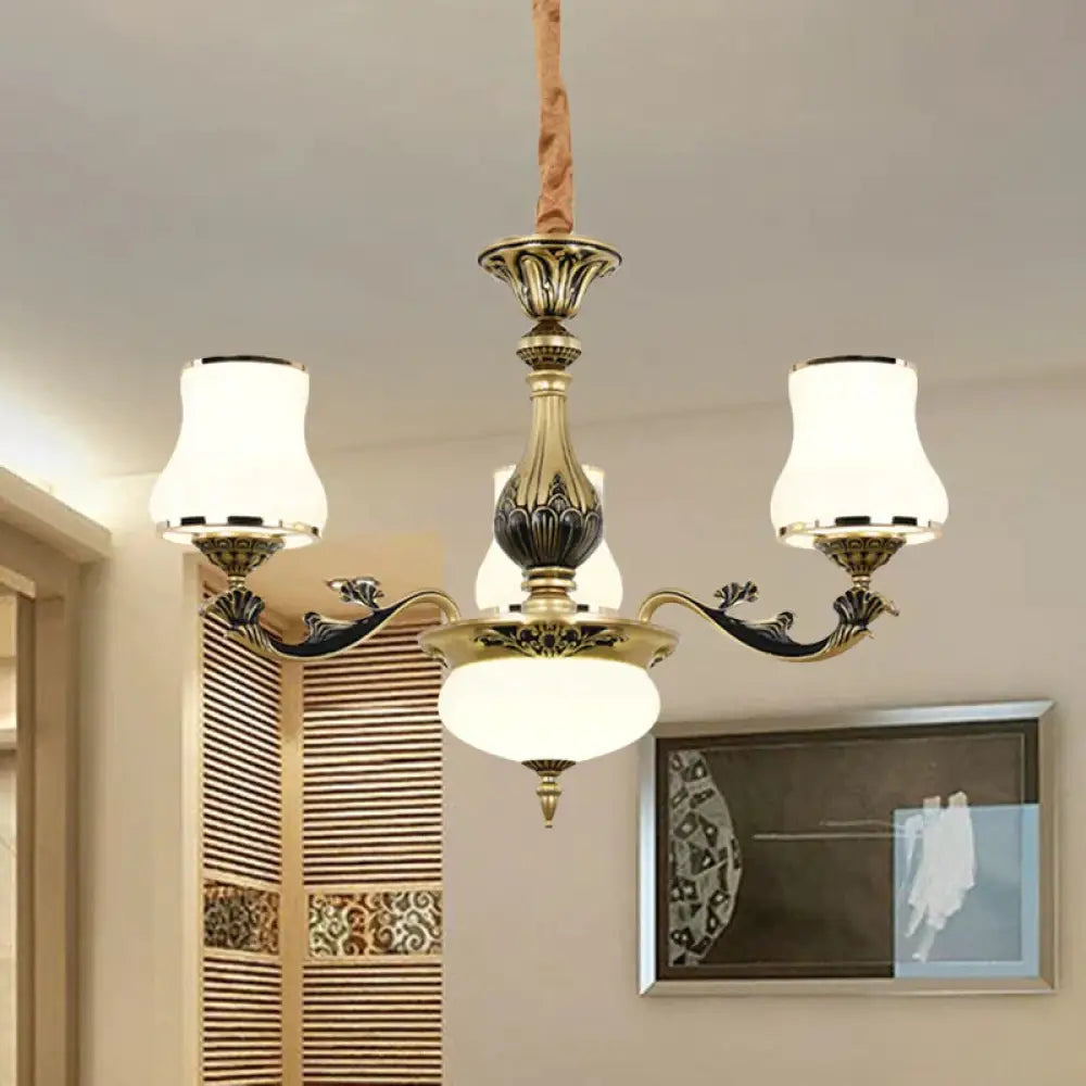 Minimalism Trumpet Pendant Light 3/6 Bulbs Milky Glass Hanging Chandelier With Curvy Arm In Black -