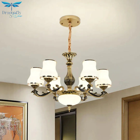 Minimalism Trumpet Pendant Light 3/6 Bulbs Milky Glass Hanging Chandelier With Curvy Arm In Black -