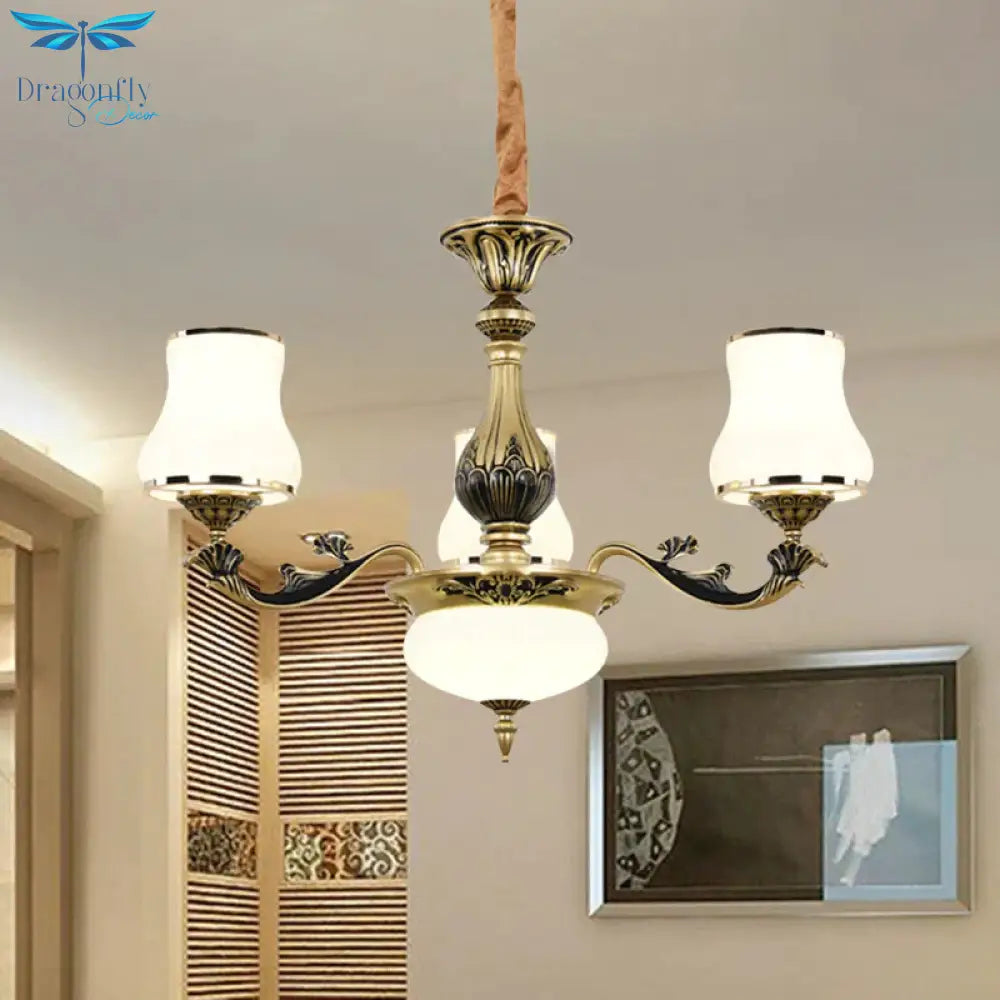 Minimalism Trumpet Pendant Light 3/6 Bulbs Milky Glass Hanging Chandelier With Curvy Arm In Black -