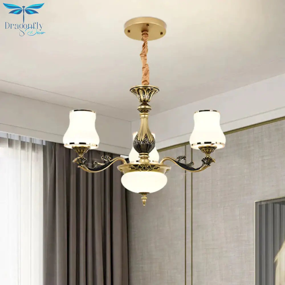 Minimalism Trumpet Pendant Light 3/6 Bulbs Milky Glass Hanging Chandelier With Curvy Arm In Black -