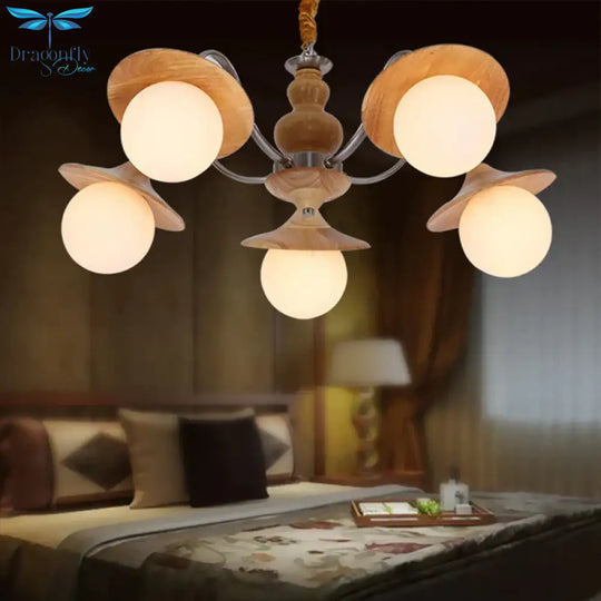 Modern Ball White Glass Chandelier 5 Lights Ceiling Pendant Fixture With Wooden Cap Wood