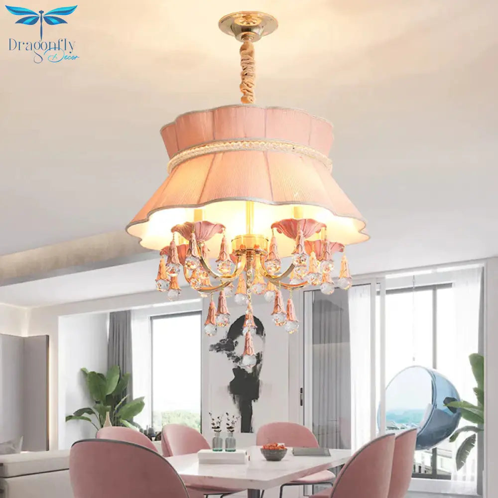 Modern Candelabra Hanging Light Kit 5 Heads Crystal Drop Pendant Chandelier In Blue/Pink With