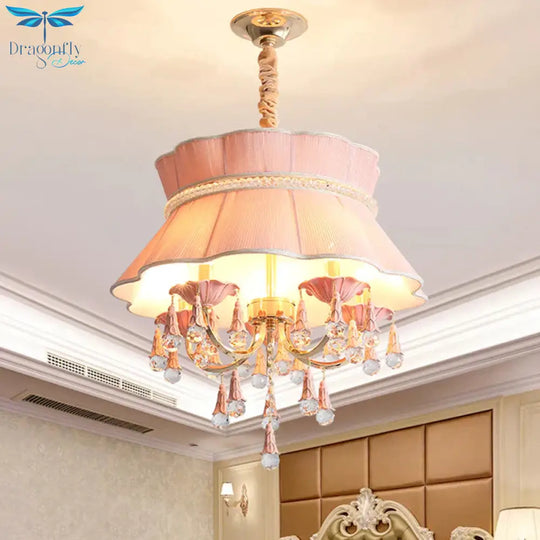 Modern Candelabra Hanging Light Kit 5 Heads Crystal Drop Pendant Chandelier In Blue/Pink With