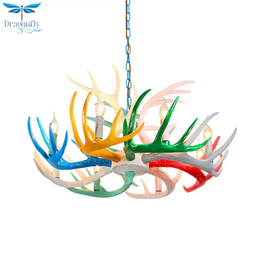 Modern Candle Hanging Lamp 8 Bulbs Metal Chandelier Light Fixture With Decorative Antler In Blue