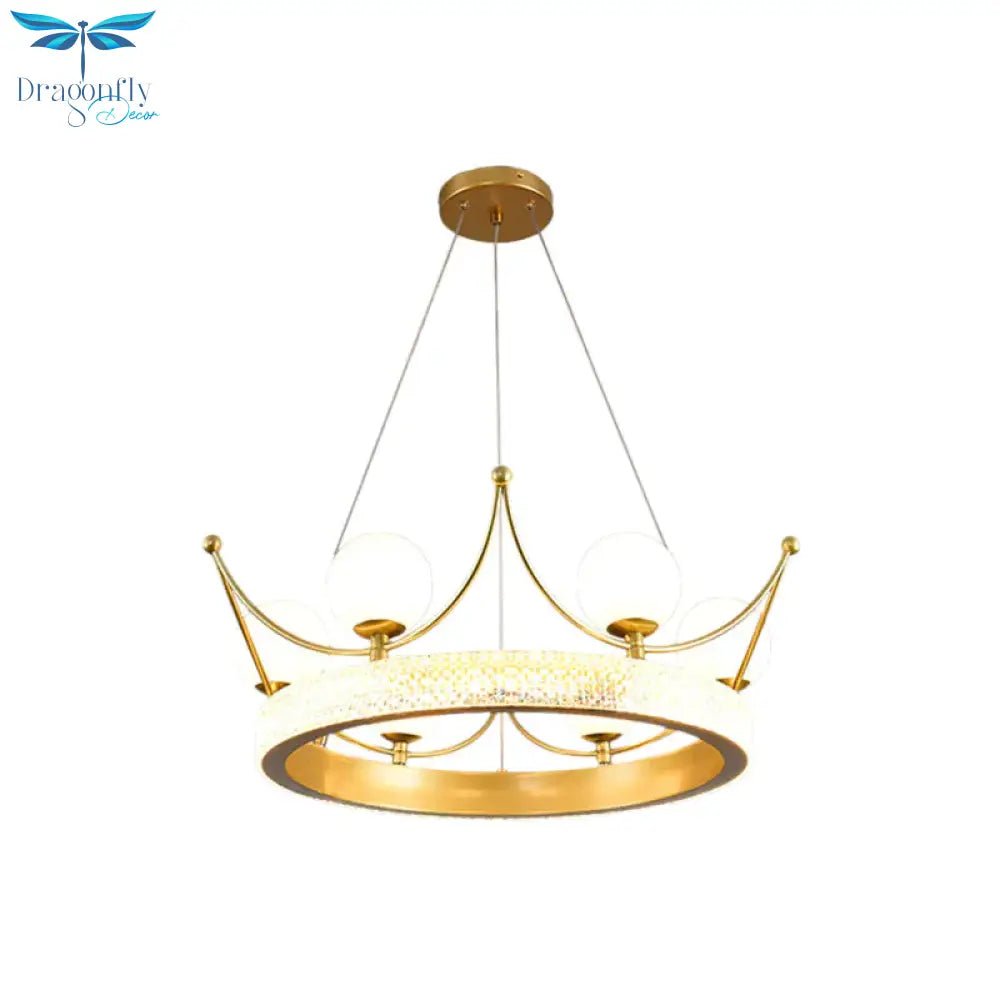 Modern Crown Shape Suspension Lamp Metal 6 Lights Girl Room Led Ceiling Chandelier In Gold With Orb