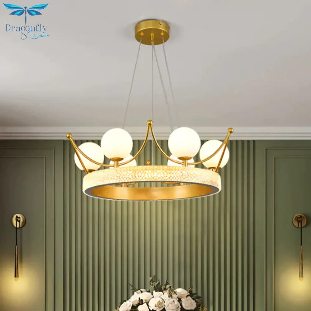 Modern Crown Shape Suspension Lamp Metal 6 Lights Girl Room Led Ceiling Chandelier In Gold With Orb