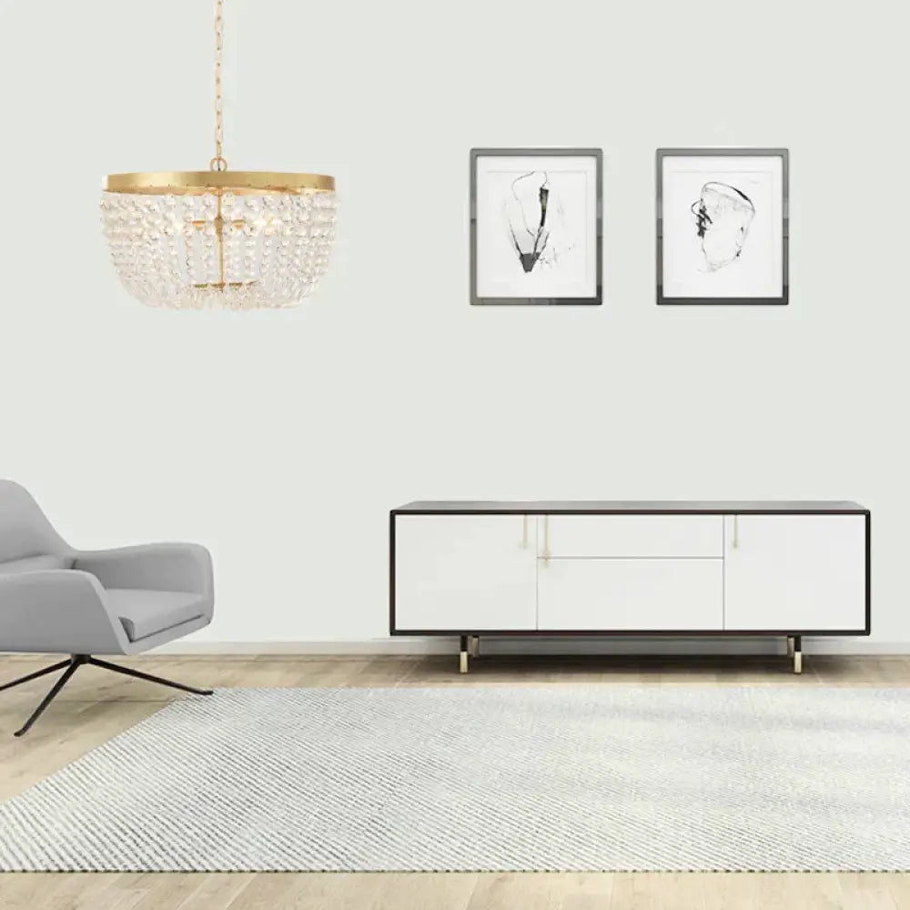 Modern Crystal Brass 3/5 Bulbs Hanging Ceiling Light Chandelier With Wide Dome / 16’