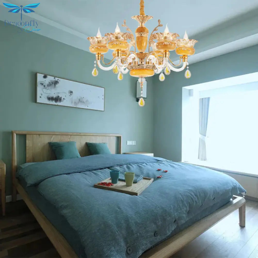 Modern Flower Shaped Chandelier Lighting Fixture Clear Crystal 6/8 Lights Bedroom Drop Pendant