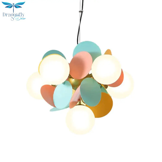 Modern Orb Ceiling Chandelier Cream Glass 6 Heads Bedroom Hanging Light Fixture In Green - Yellow -