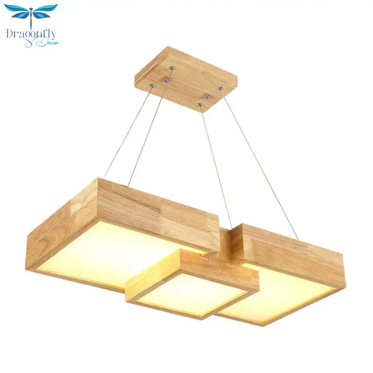Modern Rhombus/Square Led Chandelier Pendant Wooden 3 - Light Bedroom Ceiling Lamp In Warm/White