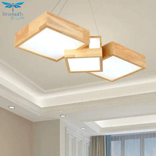 Modern Rhombus/Square Led Chandelier Pendant Wooden 3 - Light Bedroom Ceiling Lamp In Warm/White