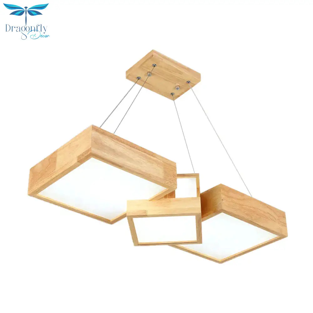 Modern Rhombus/Square Led Chandelier Pendant Wooden 3 - Light Bedroom Ceiling Lamp In Warm/White
