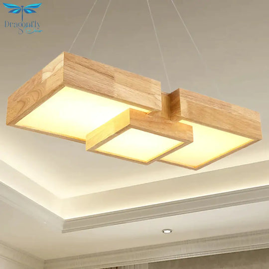 Modern Rhombus/Square Led Chandelier Pendant Wooden 3 - Light Bedroom Ceiling Lamp In Warm/White