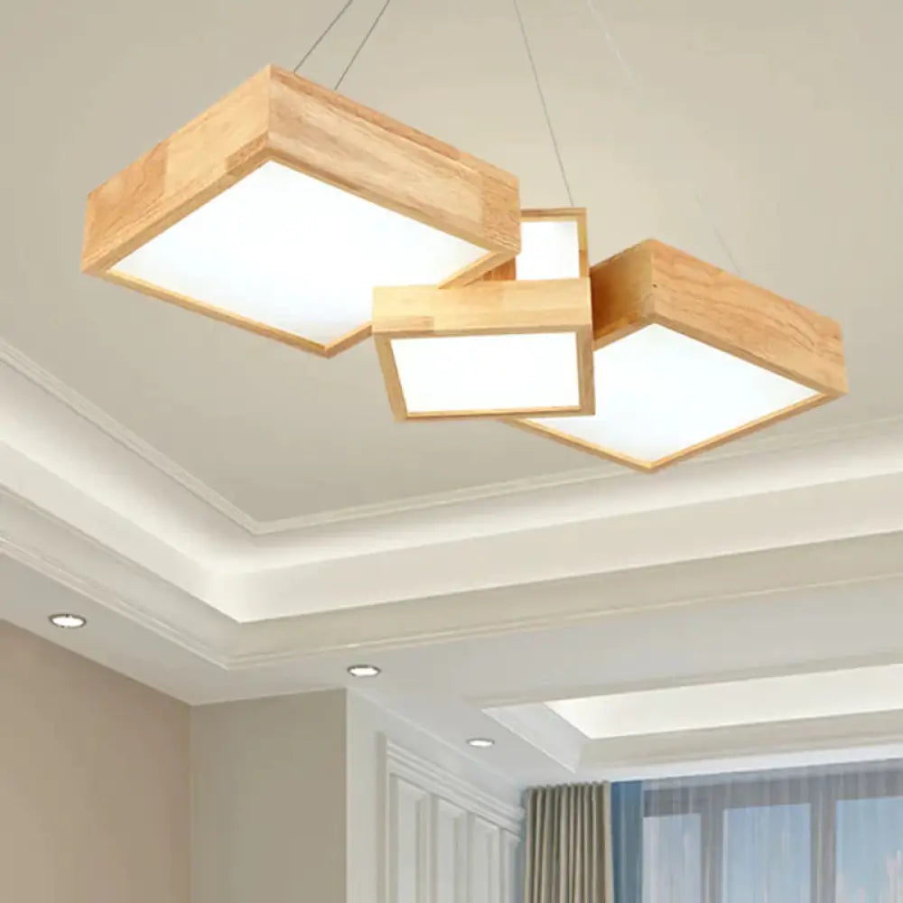 Modern Rhombus/Square Led Chandelier Pendant Wooden 3 - Light Bedroom Ceiling Lamp In Warm/White