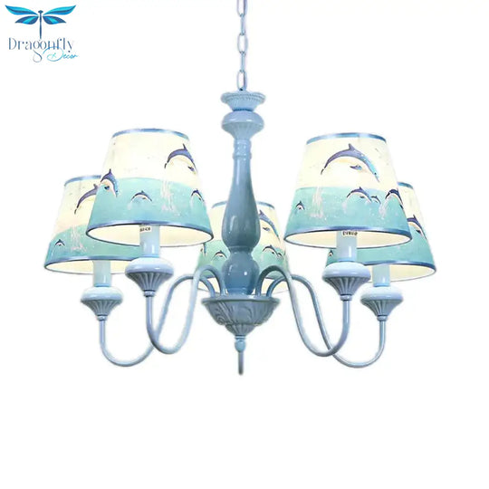 Modern Style Tapered Shade Chandelier With Dolphin 5 Lights Metal Hanging Light In Blue For Child