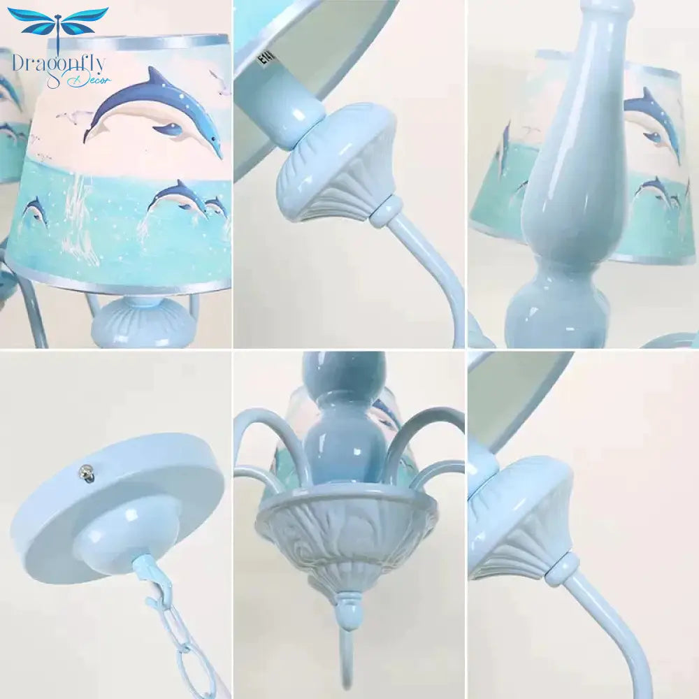 Modern Style Tapered Shade Chandelier With Dolphin 5 Lights Metal Hanging Light In Blue For Child