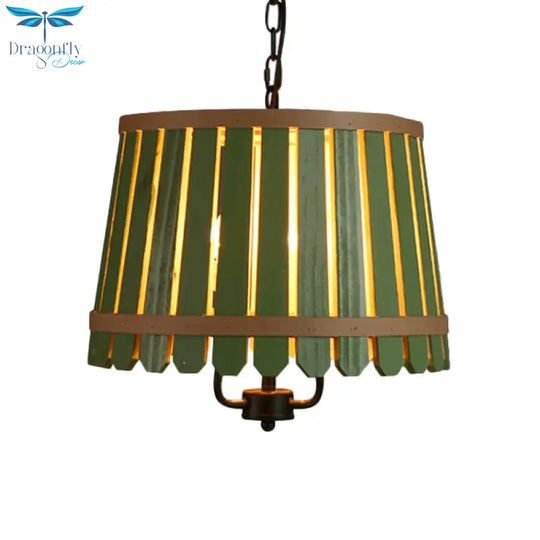 Modern Wooden Wide Slatted 3 Lights Chandelier Blue/Green/Wood Hanging Pendant For Dining Room