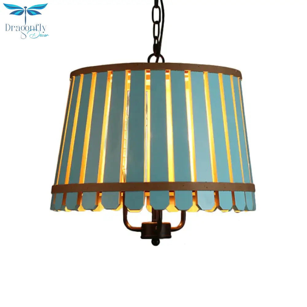 Modern Wooden Wide Slatted 3 Lights Chandelier Blue/Green/Wood Hanging Pendant For Dining Room