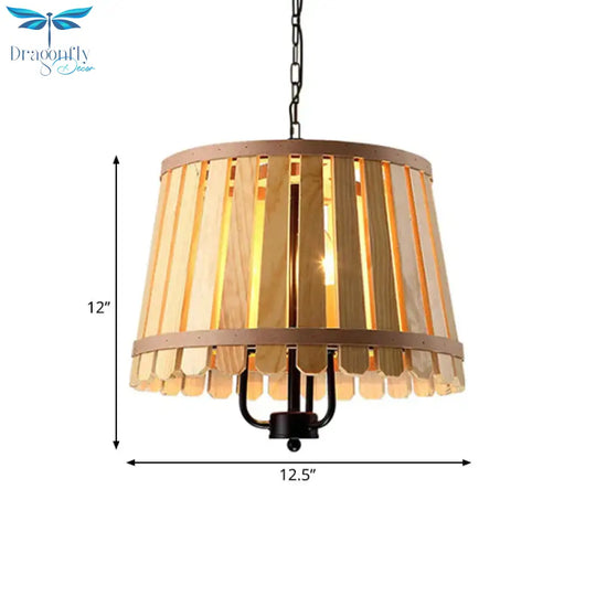 Modern Wooden Wide Slatted 3 Lights Chandelier Blue/Green/Wood Hanging Pendant For Dining Room