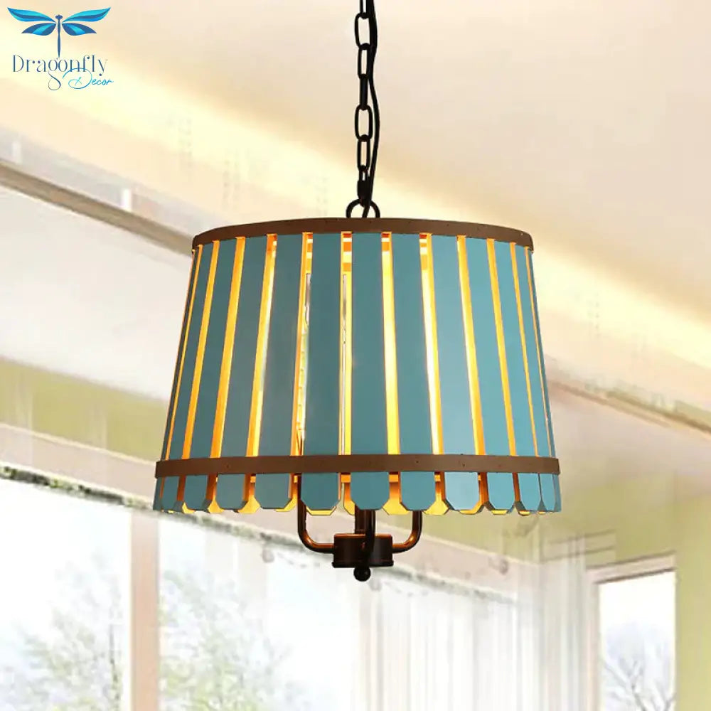 Modern Wooden Wide Slatted 3 Lights Chandelier Blue/Green/Wood Hanging Pendant For Dining Room
