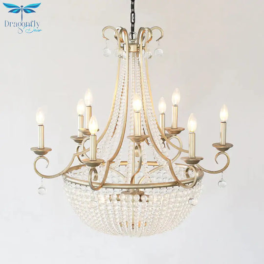 Modernism Candle Ceiling Chandelier Crystal 9 Heads Hanging Light Fixture In Brass For Bedroom