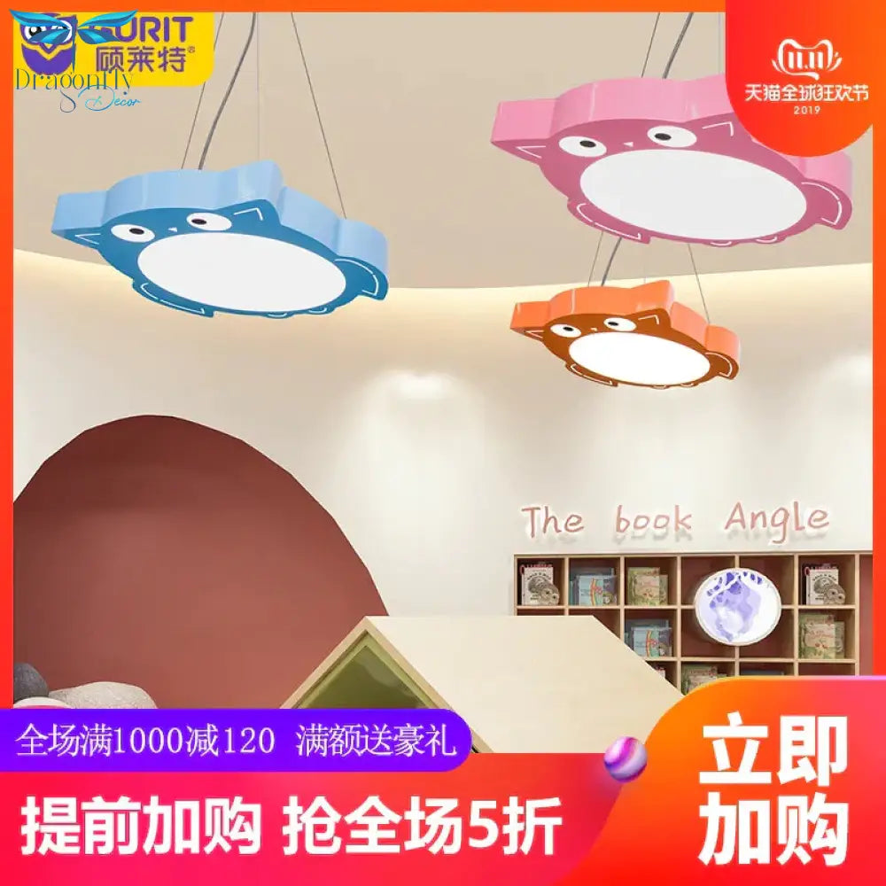 Modernism Owl Design Pendant Light Acrylic Led Children Bedroom Chandelier Lamp In Pink/Yellow