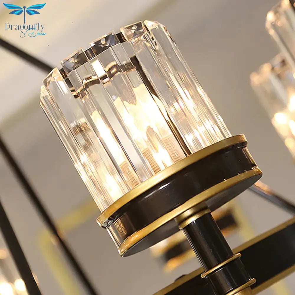 Modernist Cylinder Ceiling Chandelier Clear Crystal 5/6/8 Bulbs Living Room Pendant Lamp In Black