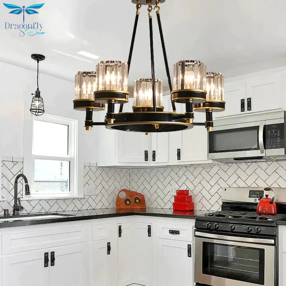 Modernist Cylinder Ceiling Chandelier Clear Crystal 5/6/8 Bulbs Living Room Pendant Lamp In Black