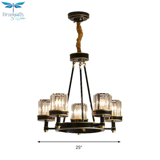 Modernist Cylinder Ceiling Chandelier Clear Crystal 5/6/8 Bulbs Living Room Pendant Lamp In Black