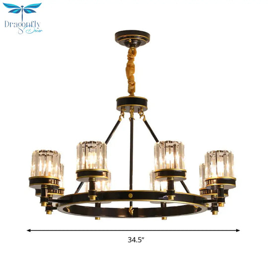Modernist Cylinder Ceiling Chandelier Clear Crystal 5/6/8 Bulbs Living Room Pendant Lamp In Black