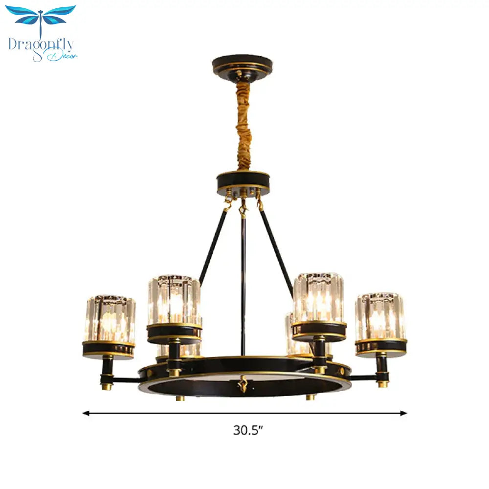 Modernist Cylinder Ceiling Chandelier Clear Crystal 5/6/8 Bulbs Living Room Pendant Lamp In Black