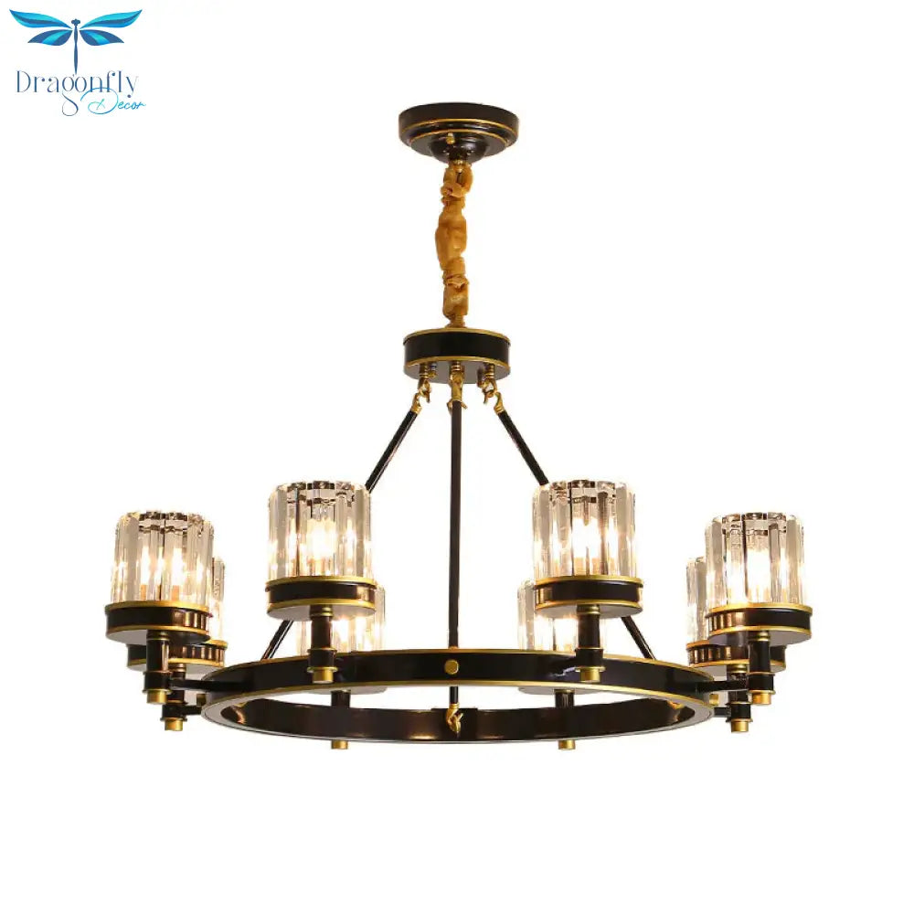 Modernist Cylinder Ceiling Chandelier Clear Crystal 5/6/8 Bulbs Living Room Pendant Lamp In Black
