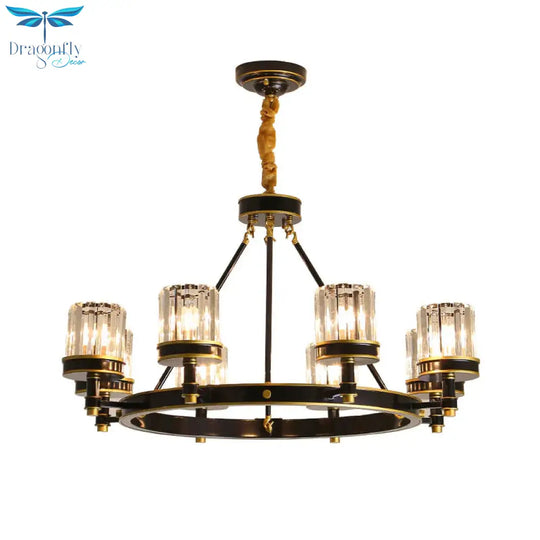 Modernist Cylinder Ceiling Chandelier Clear Crystal 5/6/8 Bulbs Living Room Pendant Lamp In Black