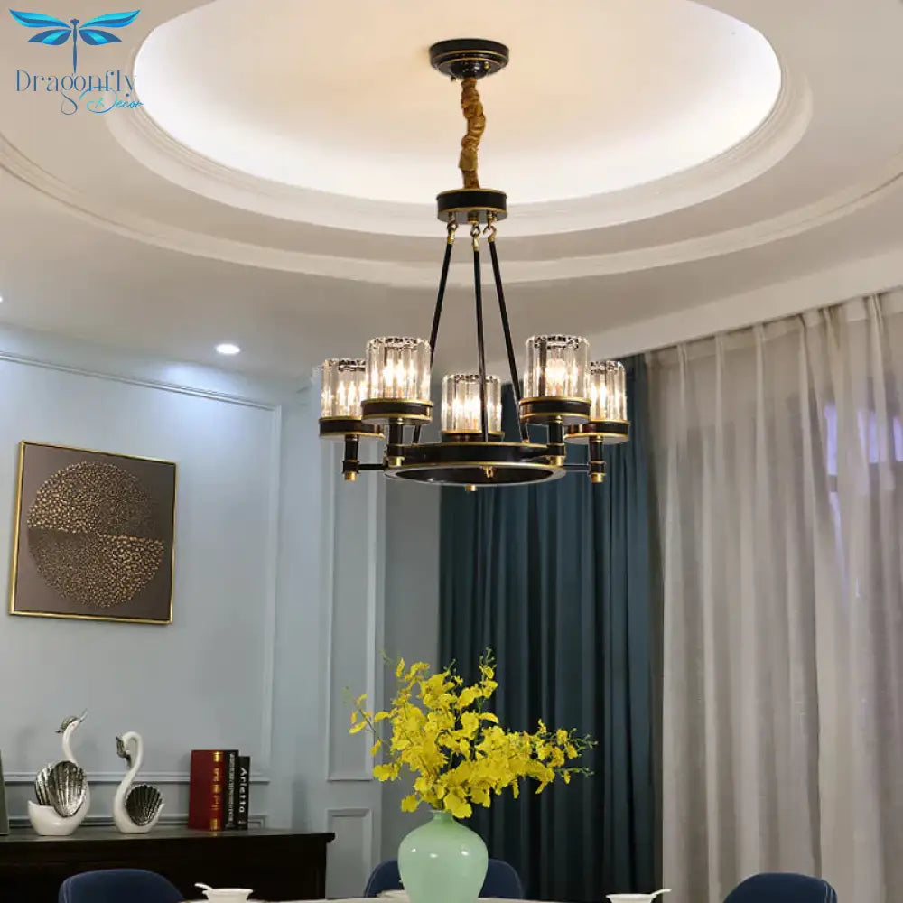Modernist Cylinder Ceiling Chandelier Clear Crystal 5/6/8 Bulbs Living Room Pendant Lamp In Black