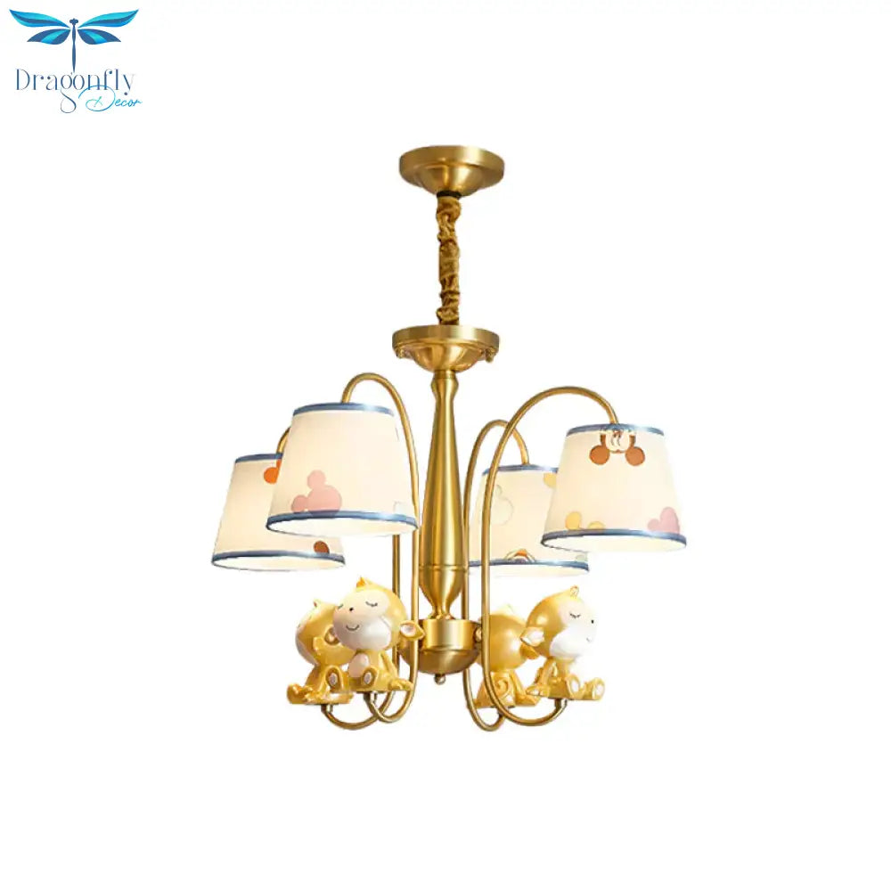 Monkey Bedroom Pendant Chandelier Metal 4 Bulbs Cartoon Suspension Light With Blue Fabric Shade In
