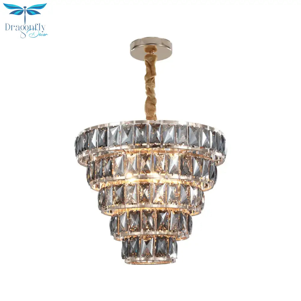 Multi Layer Hanging Light Vintage Crystal 3/5 Lights Pendant Fixture In Chrome For Dining Room