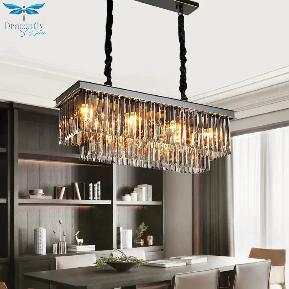 Multi Tired Black Island Lighting Crystal Chandelier Pendant Light For Dining Room