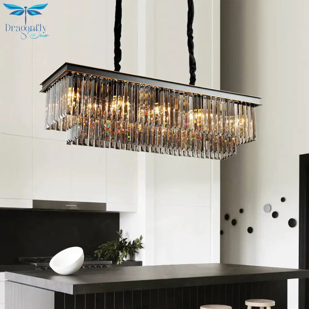 Multi Tired Black Island Lighting Crystal Chandelier Pendant Light For Dining Room