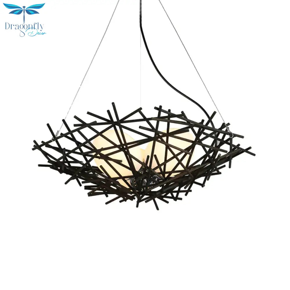 Nest Chandelier Lighting Japanese Bamboo 18’/22’ Wide 3 Bulbs Coffee Ceiling Suspension Lamp