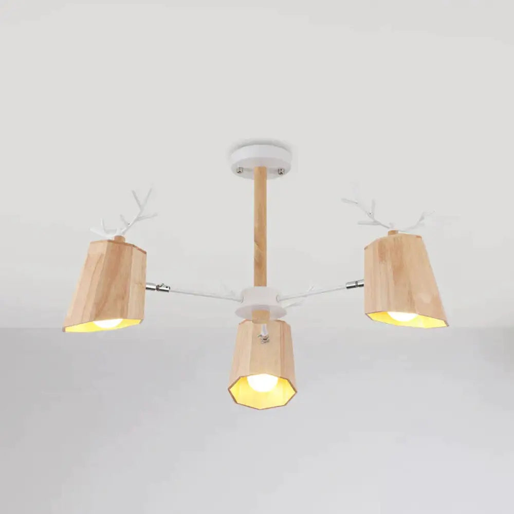 Nordic Beveled Hanging Light Wood 3/8 Heads Dining Room Chandelier Fixture In Beige 3 /