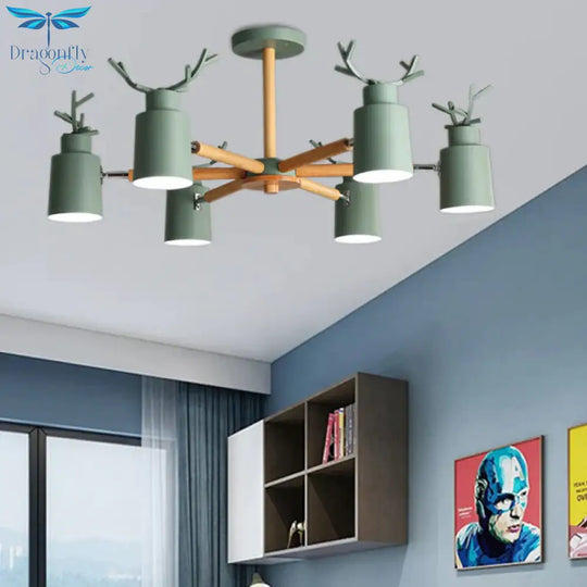 Nordic Cylinder Pendant Light With Antlers Six Lights Wood Chandelier In Green For Kindergarten